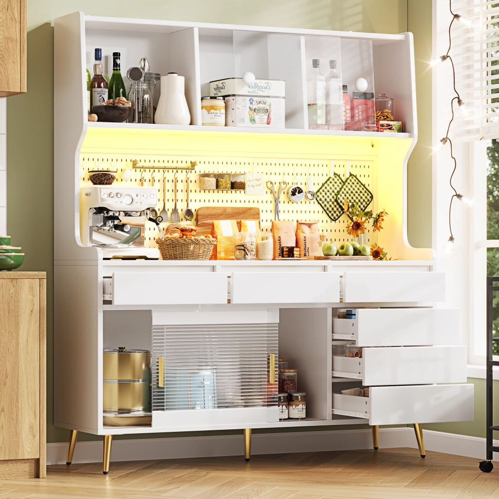 OKWISH Credenza Alta da Cucina con Porte Scorrevoli, LED e Pannello Forato, per Cucina o Sala da Pranzo, 145×39×171 cm
