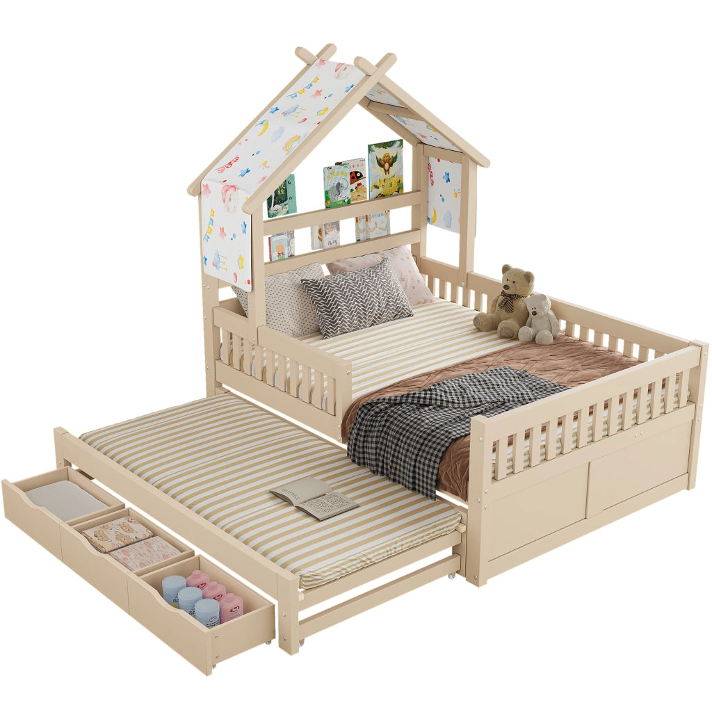 Letto a Soppalco con Cassetti e Sbarre ¨C MINIMAL ¨C Legno 140x200 Crema