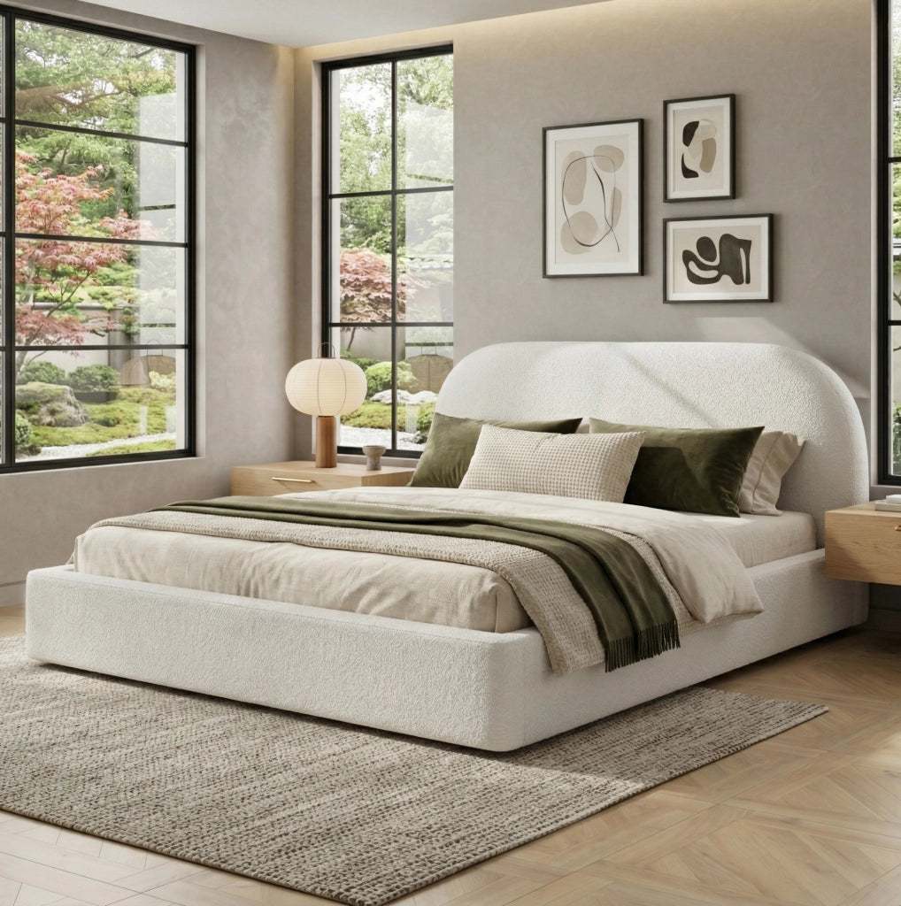 Letto imbottito in bouclé beige con rete a doghe