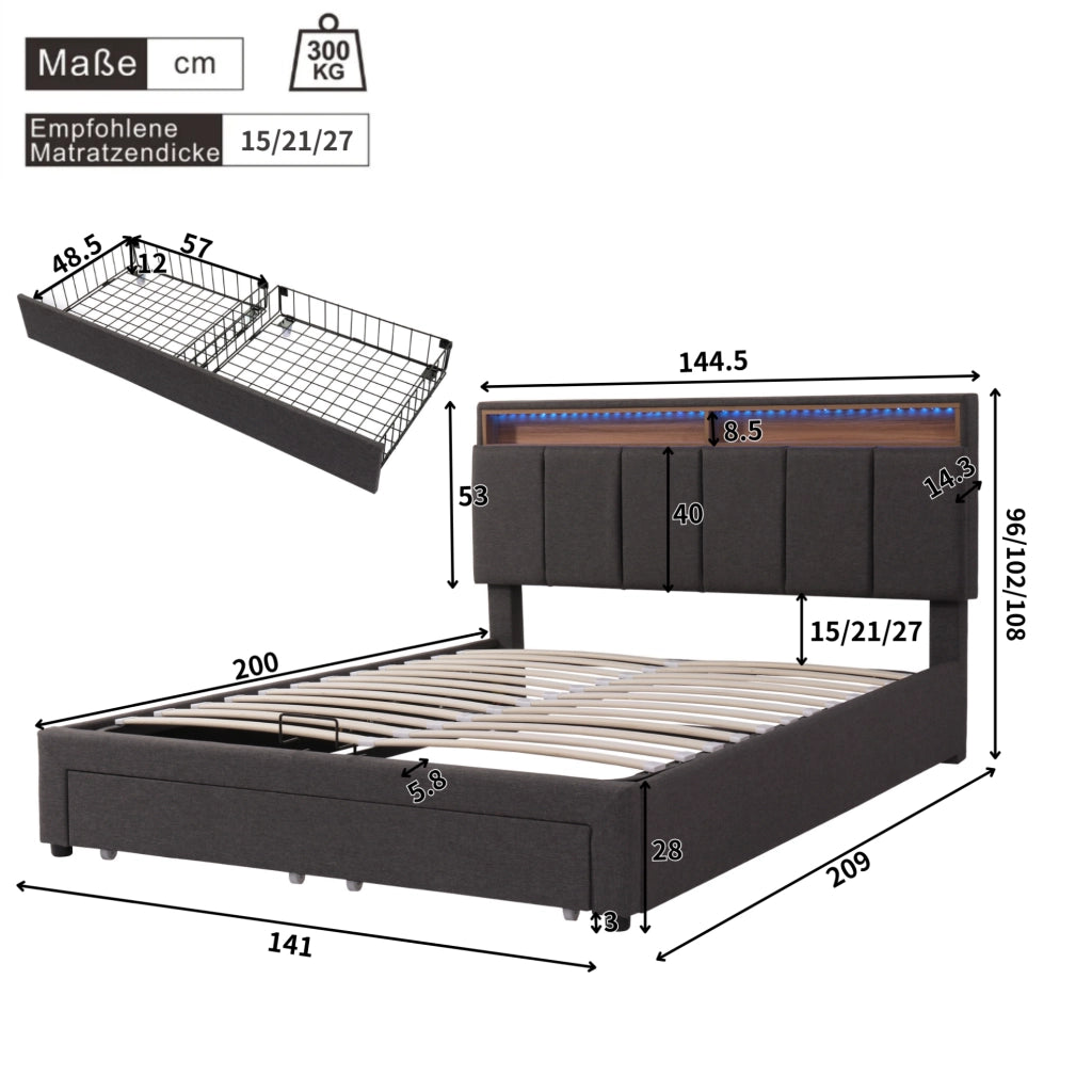 Letto imbottito 140x200 cm grigio con LED e vano contenitore