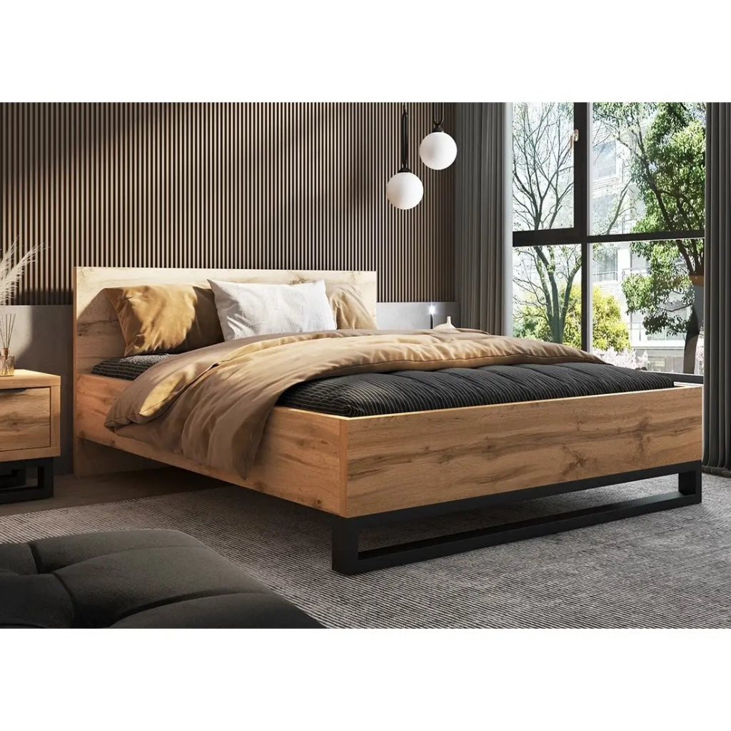 Letto matrimoniale 160x200 stile industriale - Collezione MILOS. Colori rovere grezzo e nero. Rete inclusa