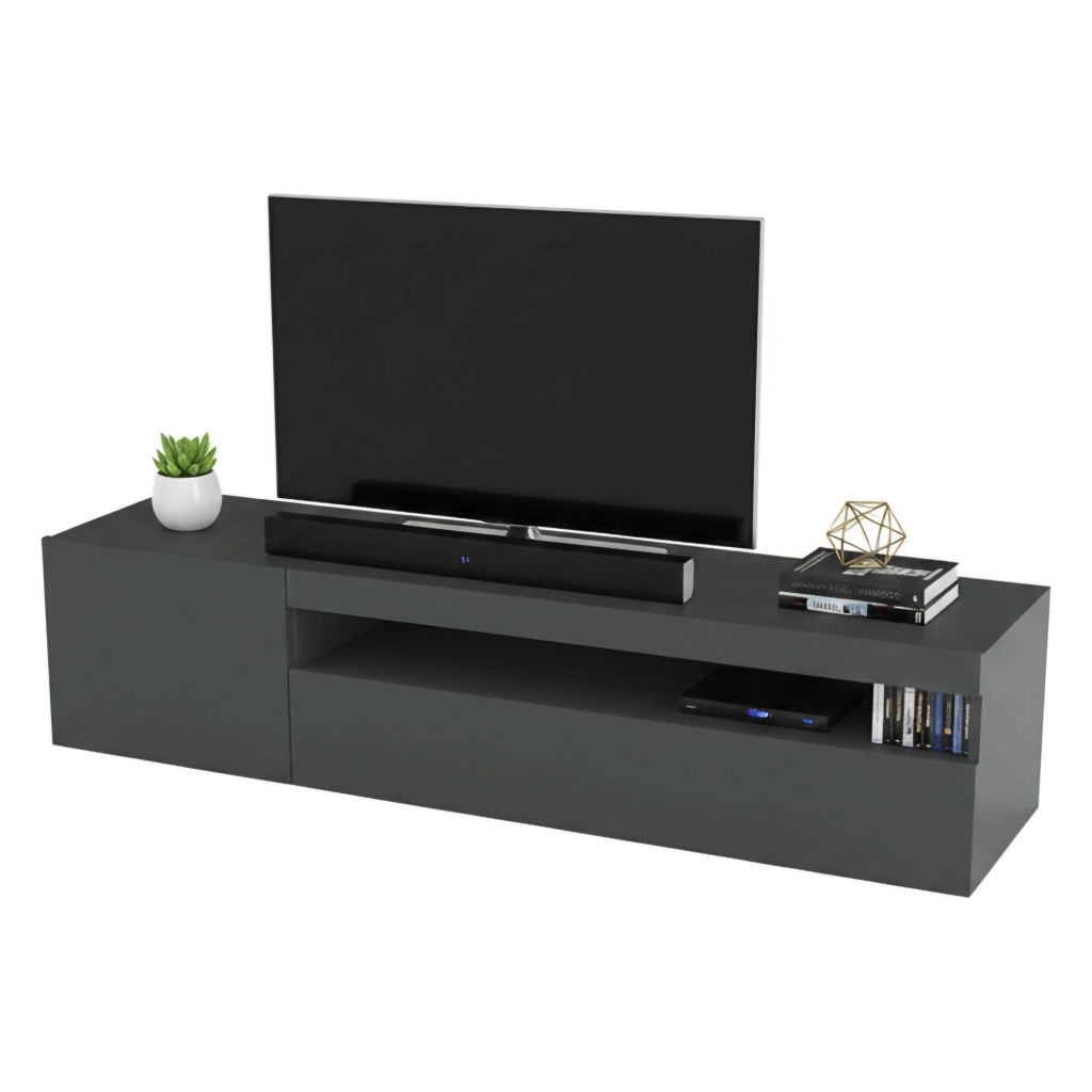 Mobile da soggiorno Porta Acrilya, Made in Italy, Credenza per Acrilya a 2 ante, Porta Acrilya da salotto, cm 150x40h37, Antracite lucido, con luce LED blu