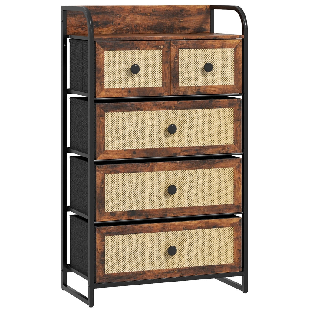 Comodino con 5 cassetti ¨C zephmum ¨C marrone, effetto rattan, acciaio, 58x29x99 cm