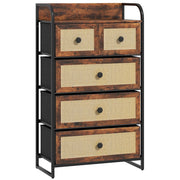 Comodino con 5 cassetti ¨C zephmum ¨C marrone, effetto rattan, acciaio, 58x29x99 cm