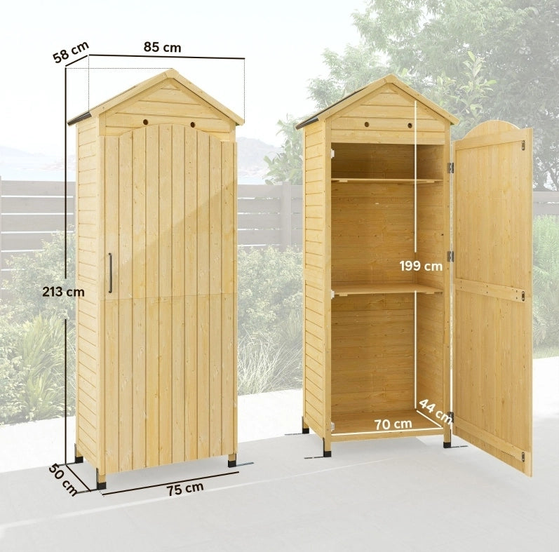 Armadio porta attrezzi da esterno alto 199 cm con ripiani regolabili; tetto in metallo e finitura effetto legno naturale