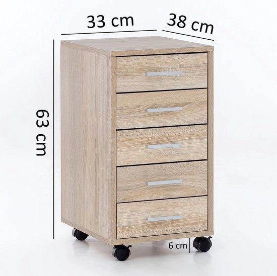 Contenitore a rotelle - Cassetto in legno per scrivania - Cassetto per ufficio con 5 cassetti - Piccolo contenitore a rotelle per scrivania - 33 x 63 x 38 cm