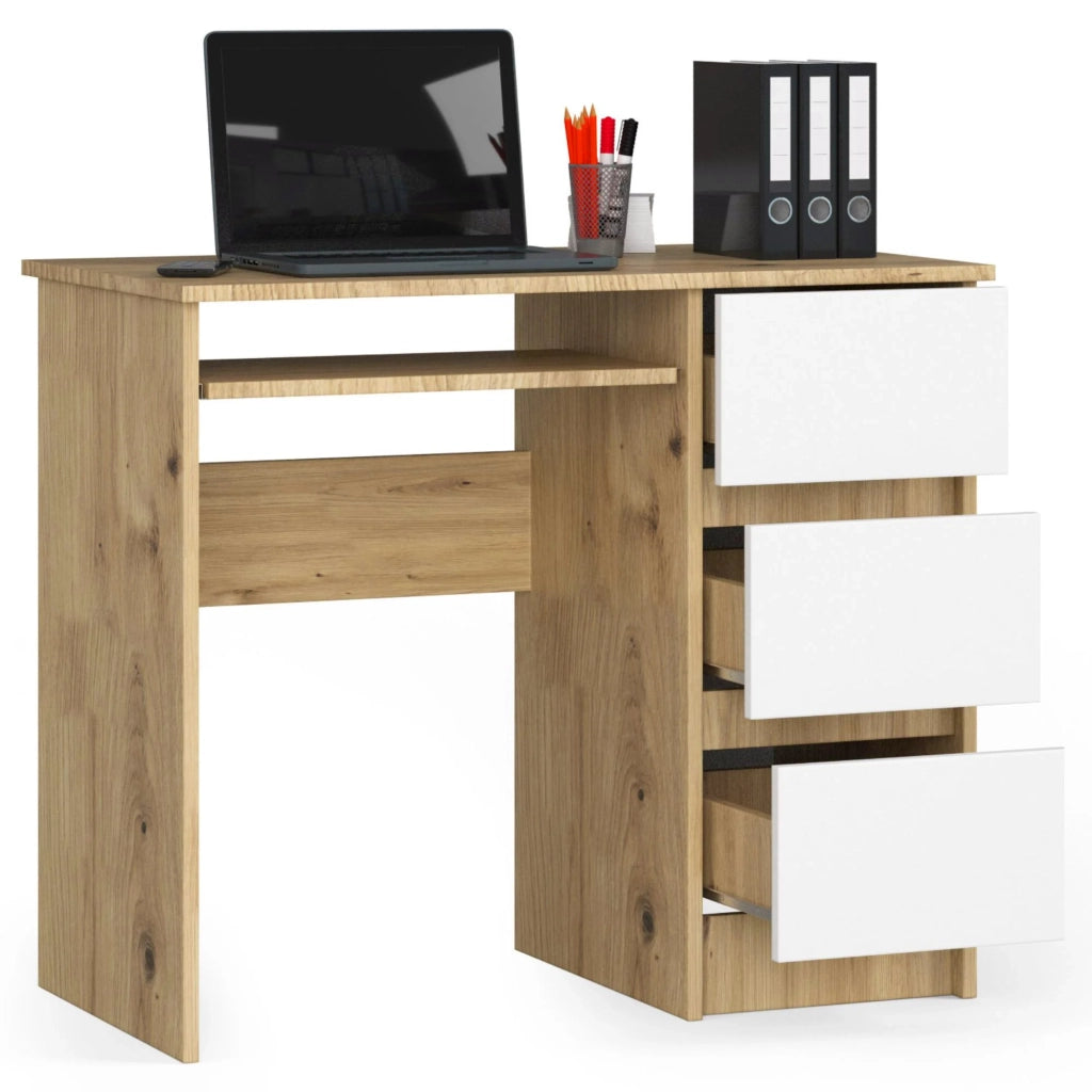 Scrivania per computer AKORD A6 Quercia Artisan 90 cm 3 cassetti inserto frontale Bianco 90x50x77 cm Modello a destra