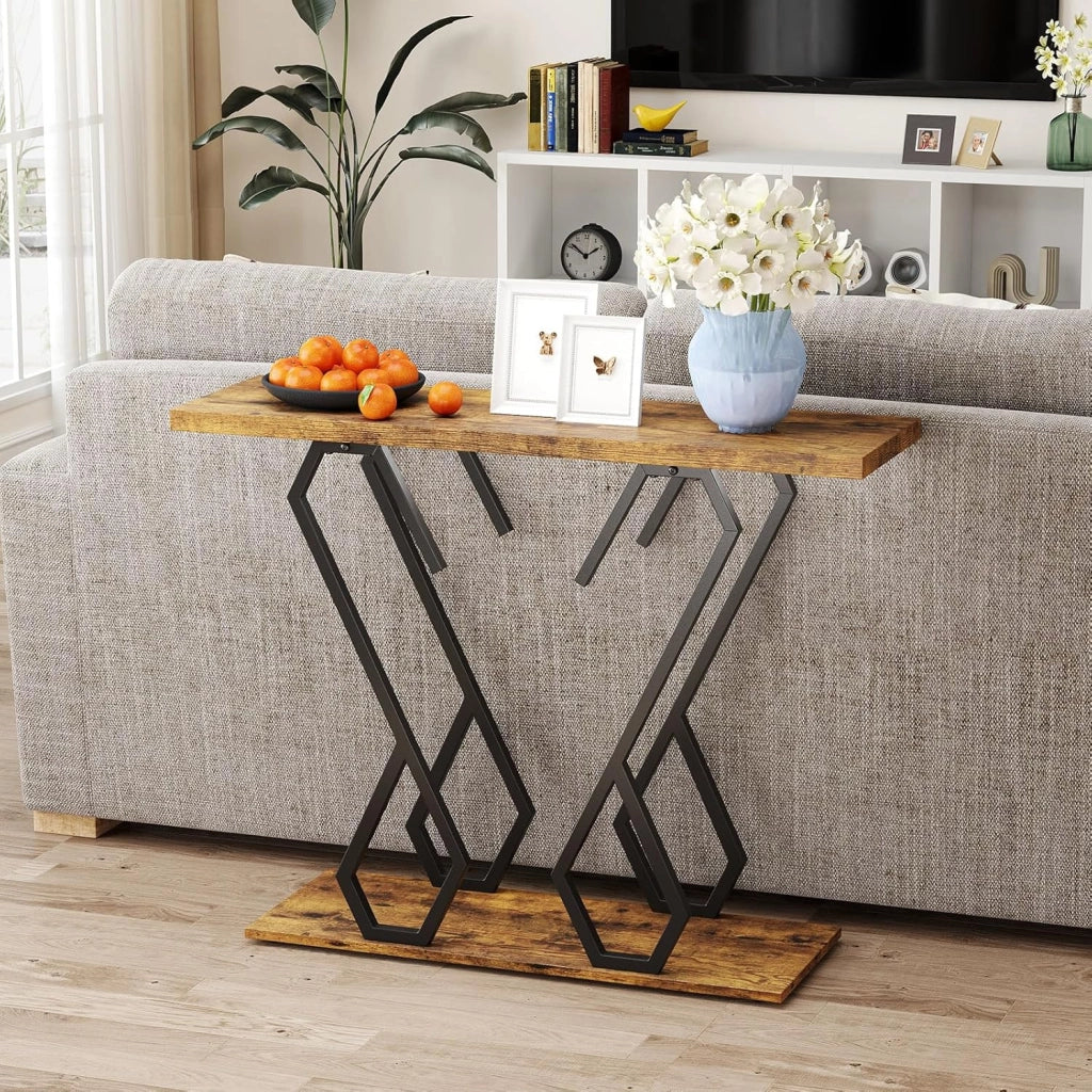 Tavolo Console di ingresso 2 livelli, 100 x 30 x 79 cm, struttura in metallo a forma di farfalla, ripiano inferiore, tavolino ausiliario per soggiorno, corridoio, corridoio (marrone)