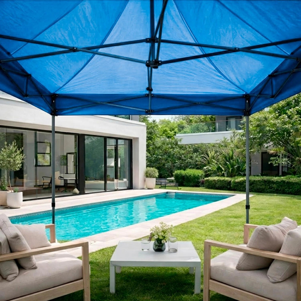 Gazebo Professionale In Acciaio Richiudibile Automatico Con Telo Oxford 1200D PVC Impermeabile E Anti UV Struttura A Fisarmonica Completo Di Sacche Zavorra E Borsa Trasporto Per Sagre Feste Eventi 3x3 M Blu