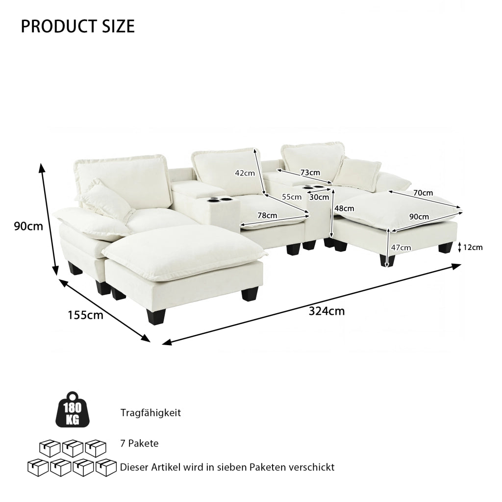 Divano panoramico a U modulare con contenitore; USB; portabicchieri e 2 pouf in chenille beige 323×151×90 cm