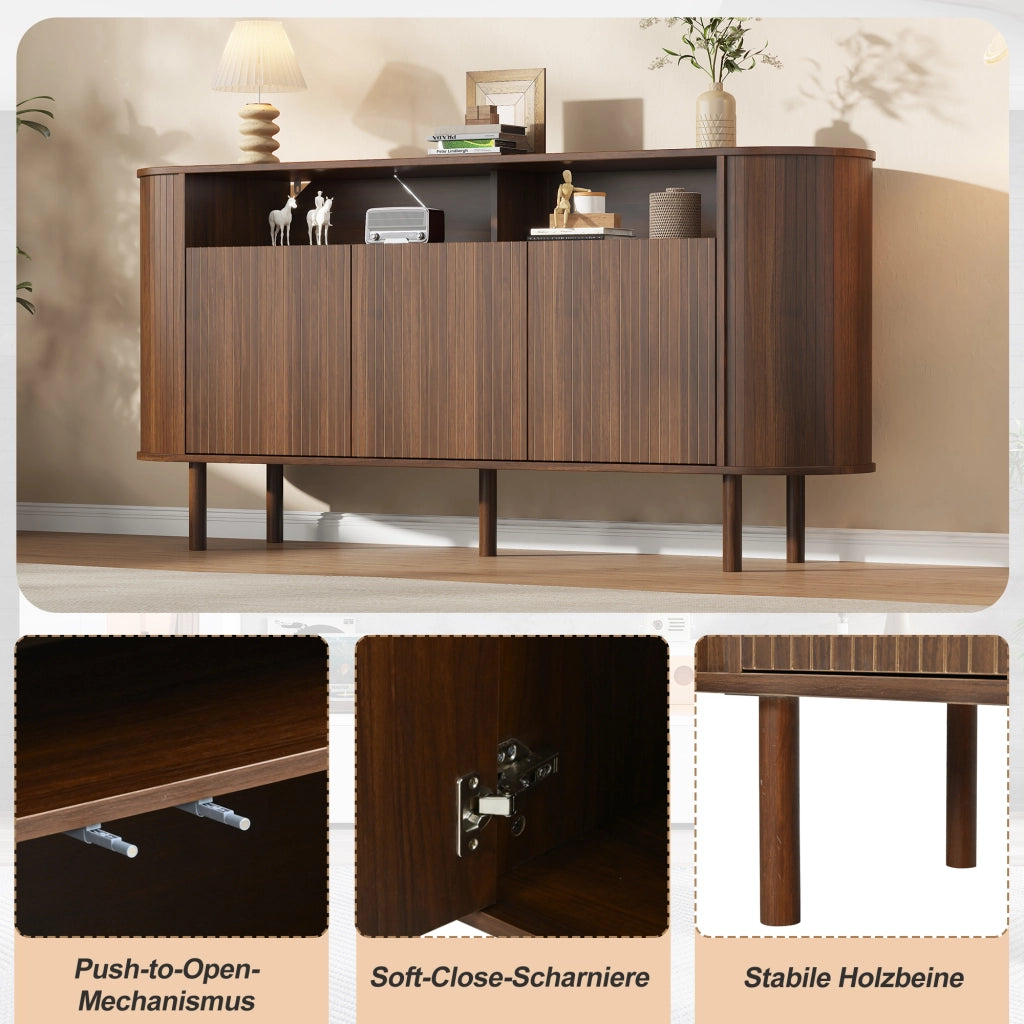 Credenza e madia con 3 ante a onde e 2 vani aperti, per soggiorno, in truciolare, noce, 160 × 40 × 78,5 cm