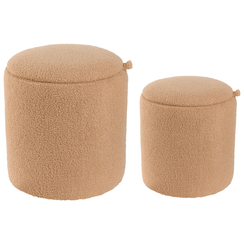 Set di 2 pouf con contenitore Boucle Marrone chiaro Tessuto Teddy Rotondo Pouf imbottiti  Moderno