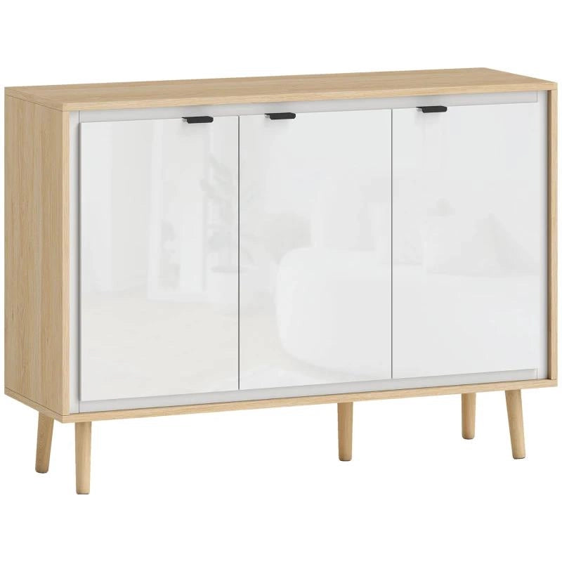 CREDENZA MODERNA A 3 ANTE CON RIPIANO REGOLABILE, 107X35X77 CM, BIANCO LUCIDO E ROVERE