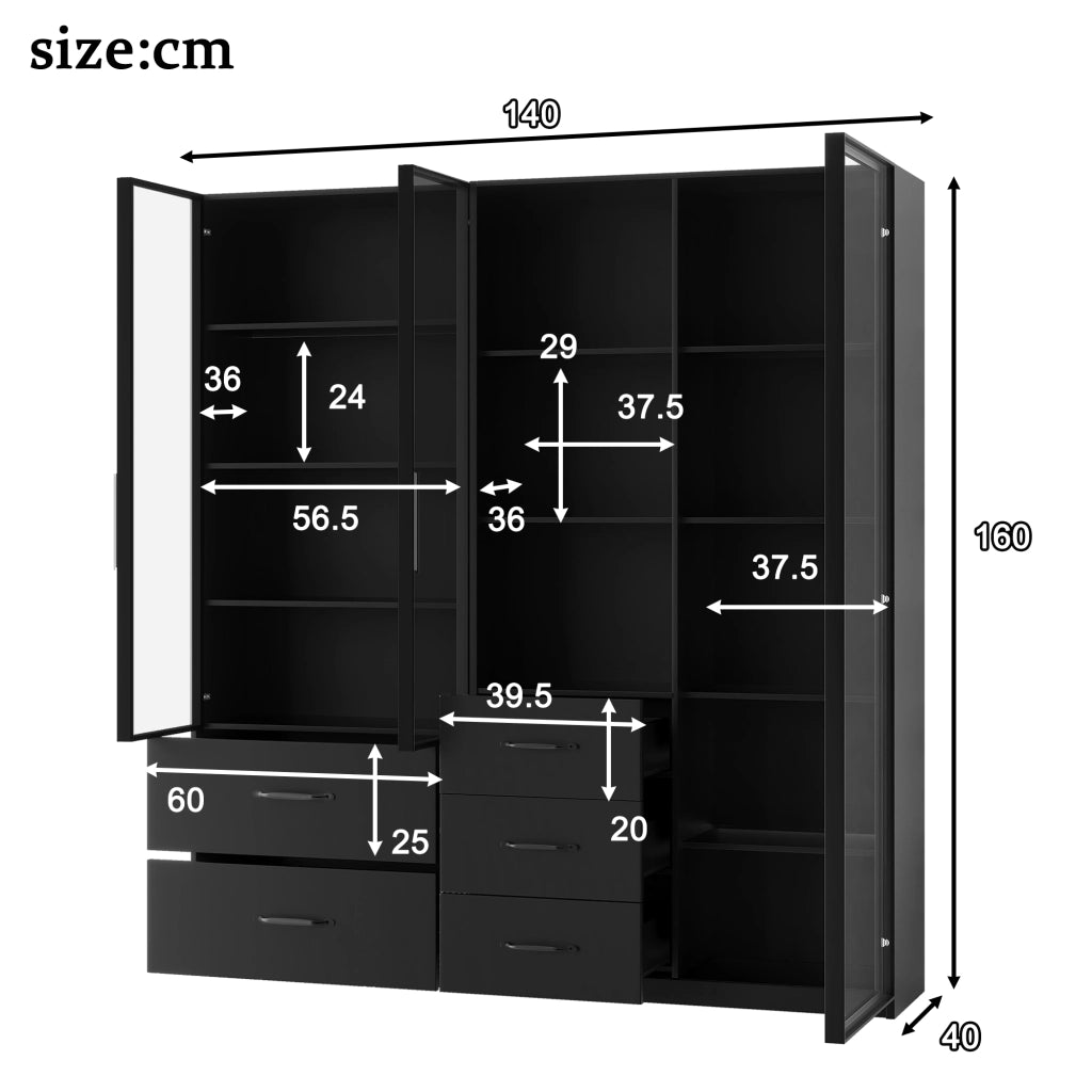 Vetrina LED modulare con ante in vetro, ripiani aperti e cassetti, per soggiorno e cucina, nero, 140 × 40 × 160 cm