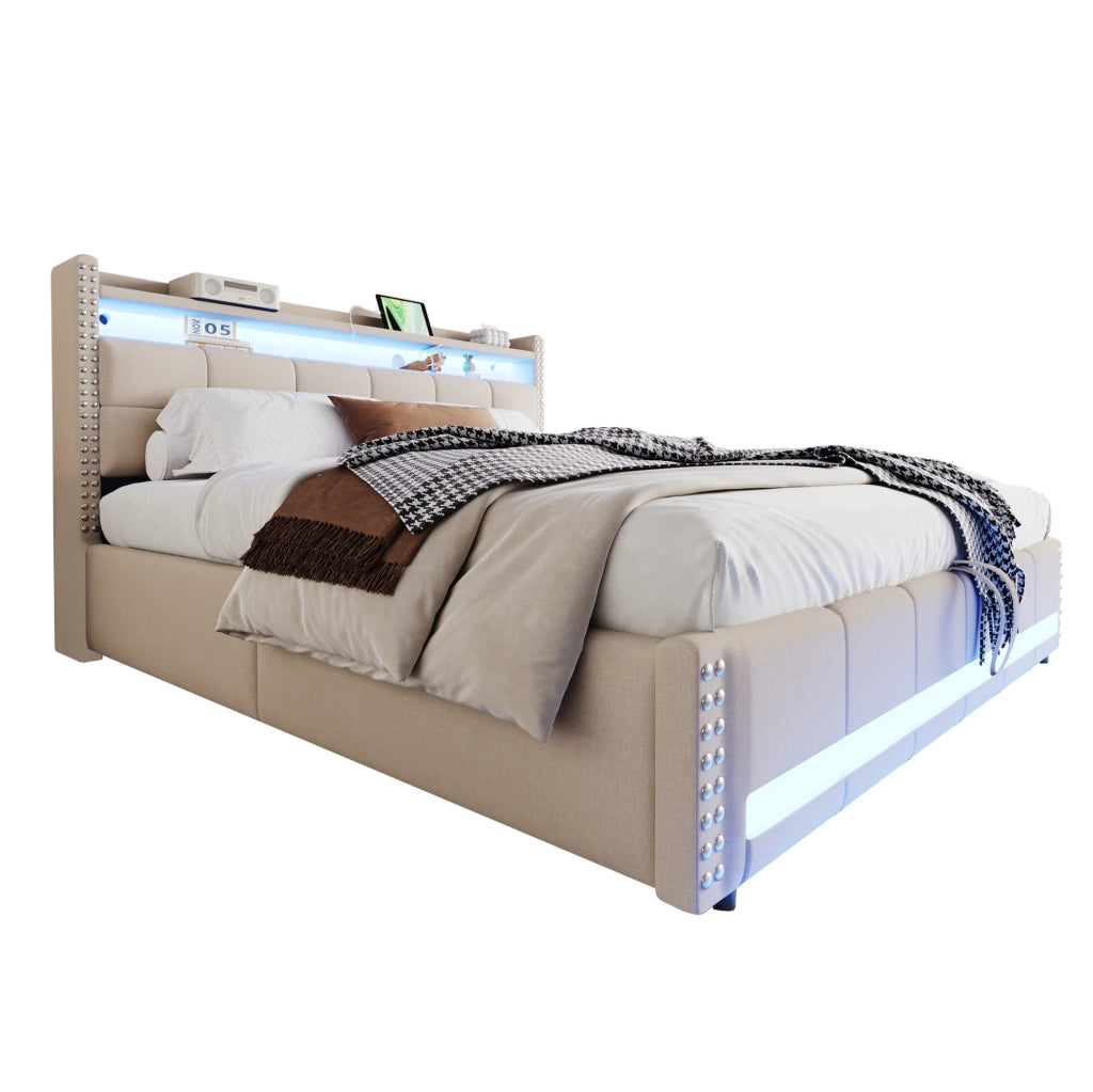 Letto matrimoniale imbottito 180x200 cm in tessuto effetto lino beige con LED; USB e contenitore