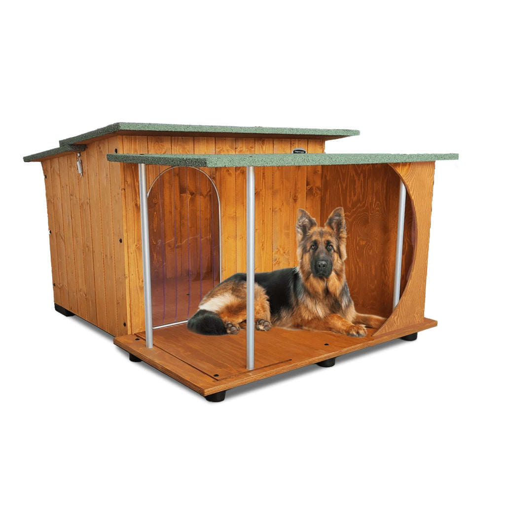 CUCCIA IN LEGNO PER CANI DA ESTERNO MODELLO ITALY CON VERANDA D-PASTORE CON "TENDINA OMAGGIO" L.102 x P.125 x H.78