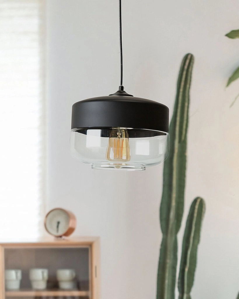 Lampada a sospensione a sospensione con paralume in vetro trasparente Nero dal design moderno geometrico rotondo