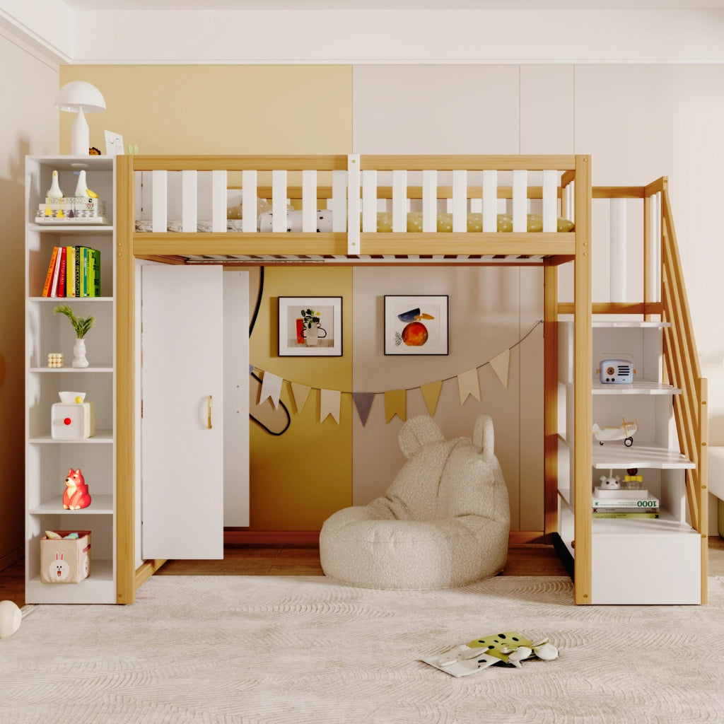 Letto a castello bianco e legno naturale con armadio scaffali e scala portante 90x200 cm