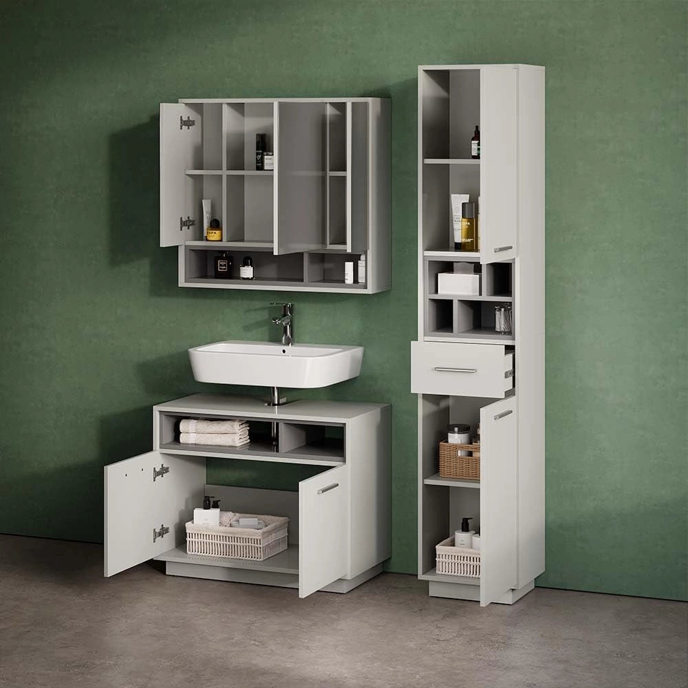 Armadio per il bagno Beatrice, Grigio/antracite, 38 x 190 cm Con ante, cassetti e scomparti, per la conservazione di articoli da bagno e compatibile con Beatrice