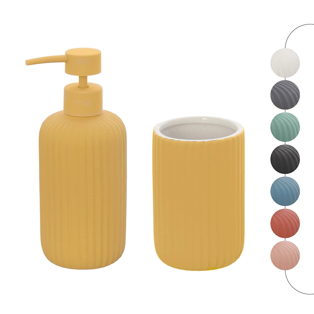 Set accessori bagno in ceramica giallo con dispenser sapone e due portaspazzolini Spring