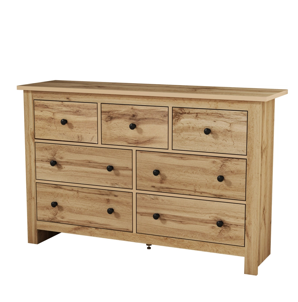Credenza 152x40x88.5 cm con 7 cassetti e guide scorrevoli; truciolare; naturale
