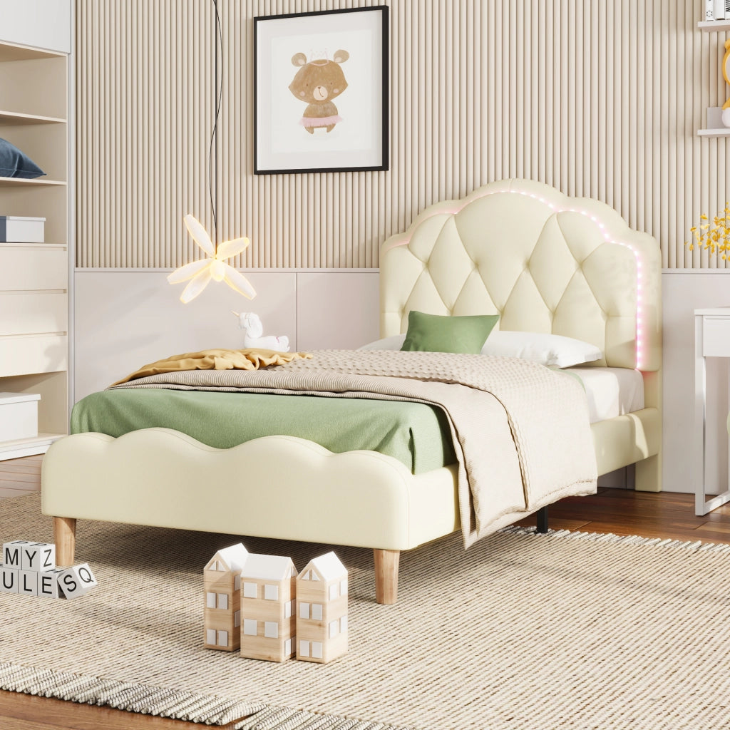 Letto imbottito 90x200 cm con testiera ondulata e LED multicolore in PU beige