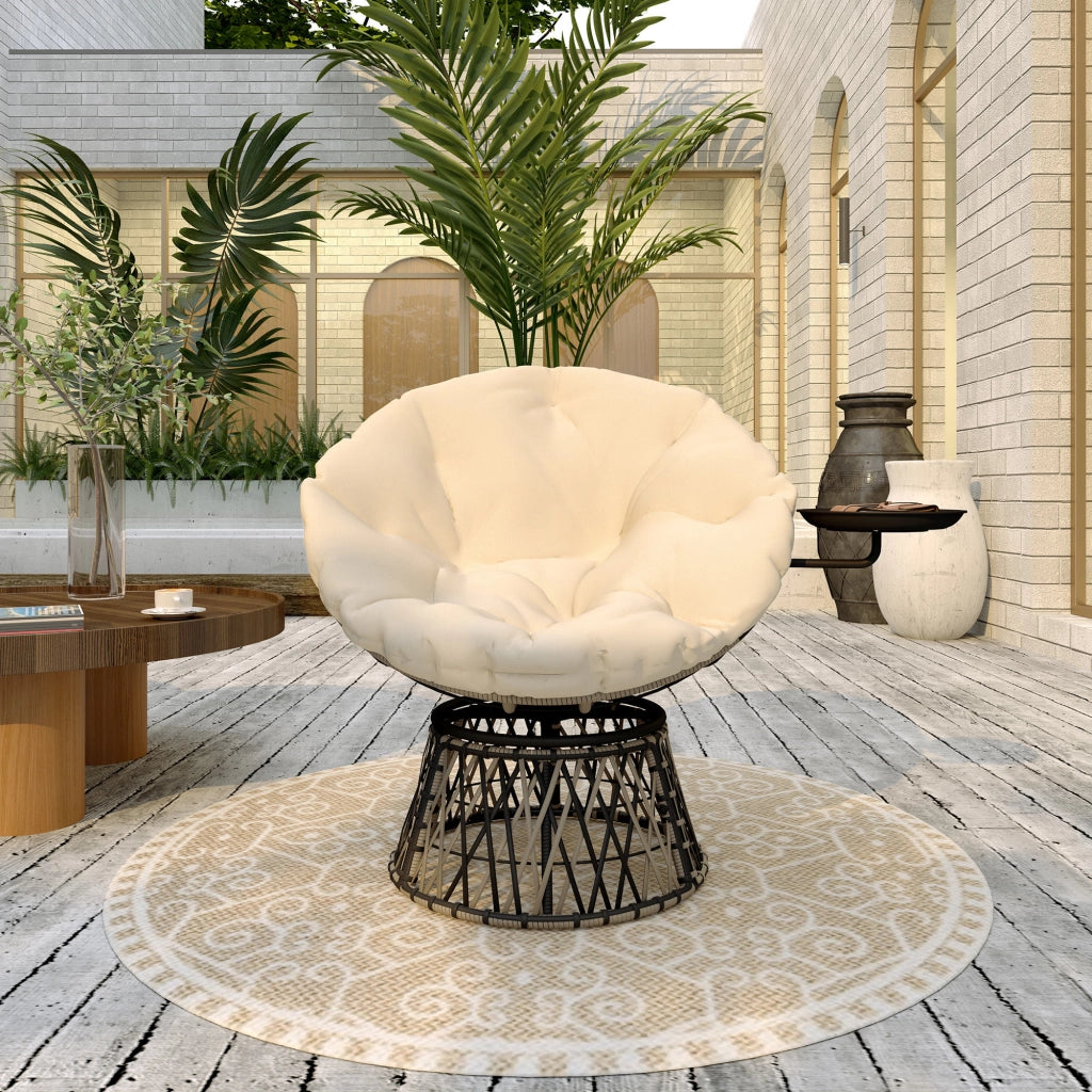Poltrona Papasan in rattan che ruota a 360°; cuscino rotondo diametro 90 cm; Beige; mobili da giardino comodi