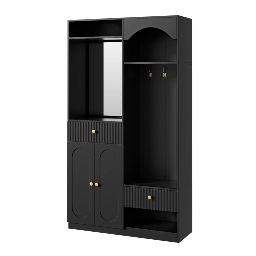 Guardaroba da ingresso con specchio; panca; ganci; vani e LED multicolore; in MDF nero; 100 Ã— 35 Ã— 180 cm