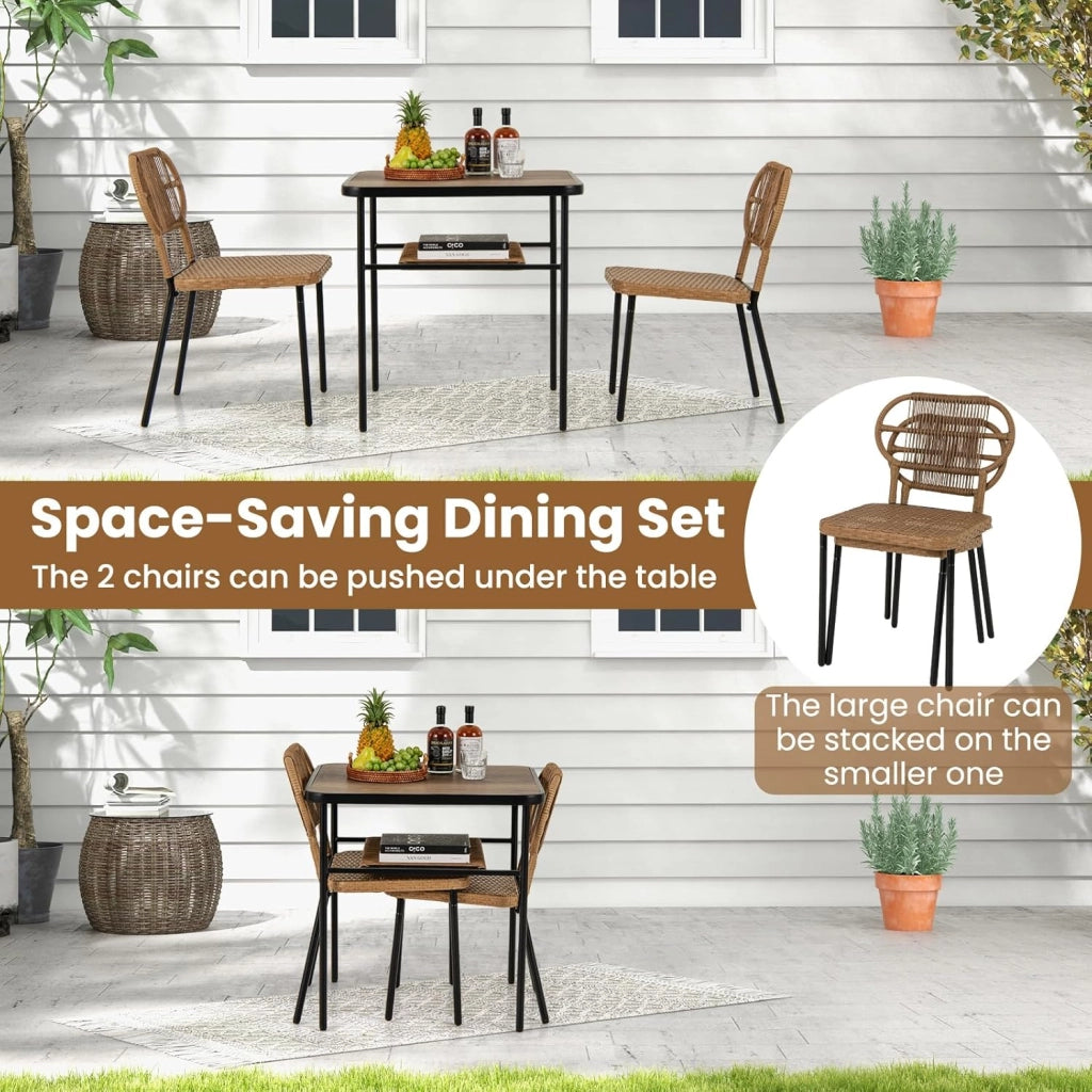 Tavolo e sedia da pranzo in rattan, salotto da giardino con tavolo a 2 livelli, 2 sedie in diverse dimensioni, design incassabile, per piccolo spazio, cucina, balcone, terrazza, naturale