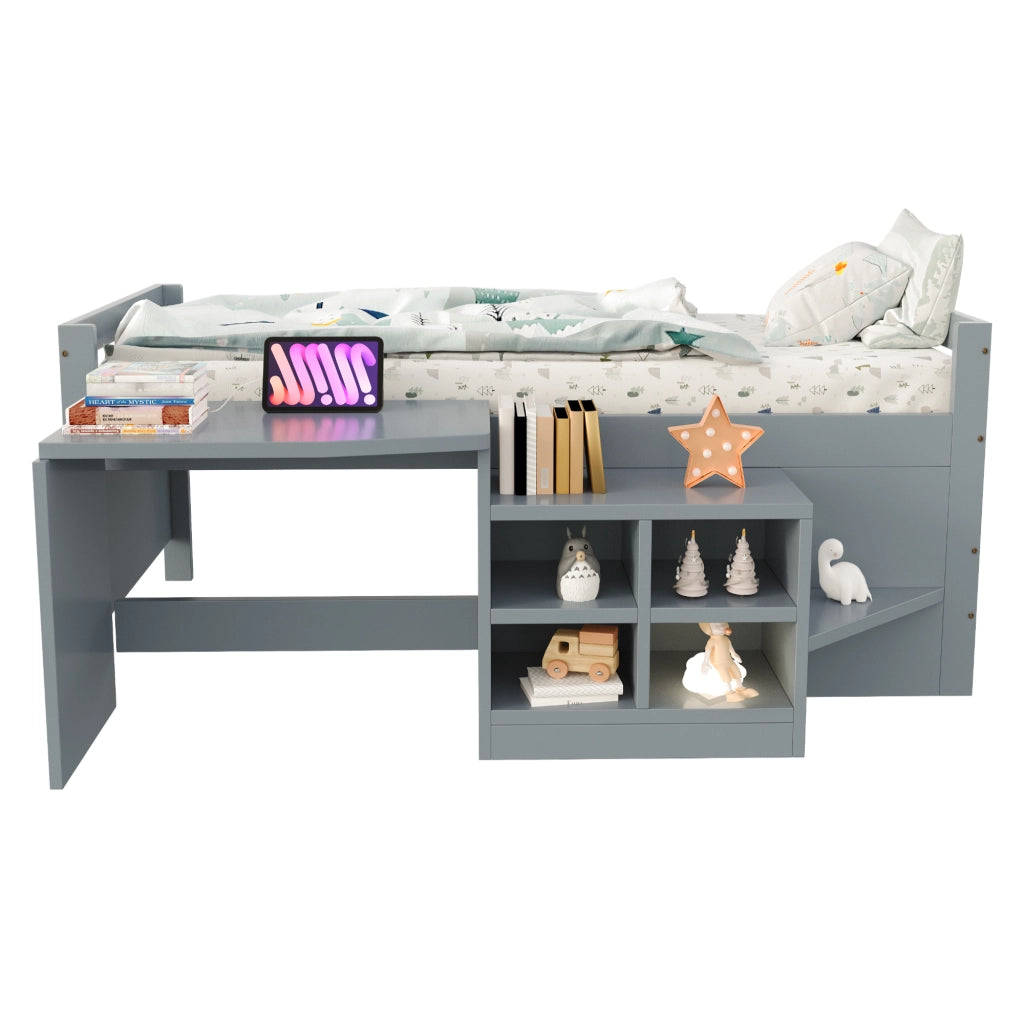Letto combinato 90 × 200 cm con scrivania, contenitori integrati e prese USB, senza materasso, in legno, grigio