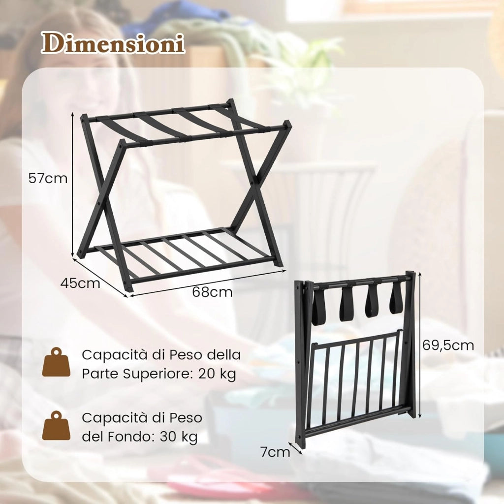 Portavaligie Pieghevole, Porta Valigie Poggia Bagaglio a 2 Ripiani, Cavalletto da Valigie, per Hotel e Viaggio, in Metallo, 68 x 43 x 56 cm (Nero 1)