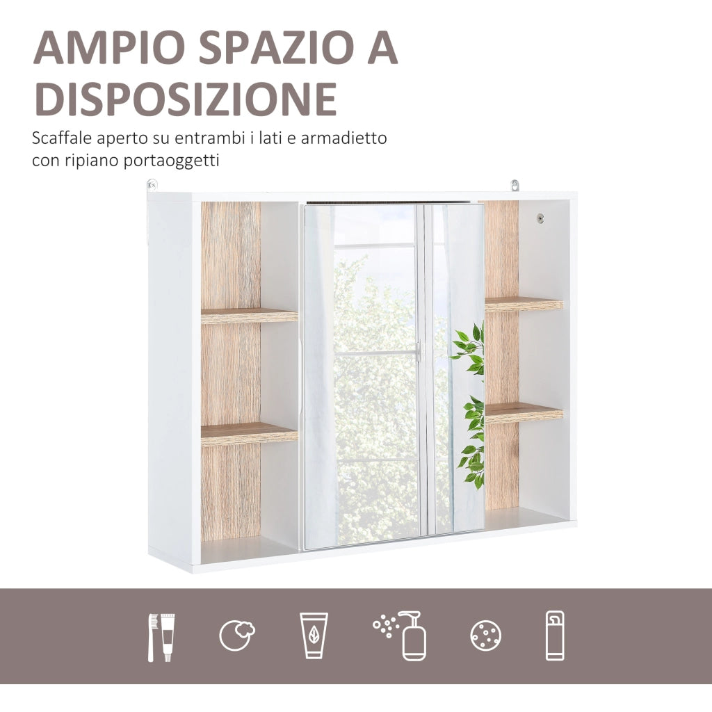 Armadietto con Specchio in MDF e Truciolato con 3 Ripiani Laterali e Ripiano Regolabile Interno. 60x14.5x49.4 cm