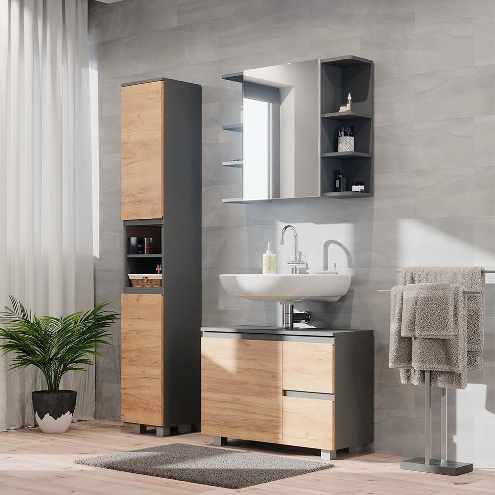 Mobile bagno alto J-Shape, Grigio, 30 x 190 cm, per conservare e combinare con altri elementi a forma di J