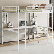 Letto a soppalco 140x200 cm con scrivania; scaffali e libreria in metallo e MDF; bianco