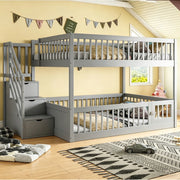 Letto a castello 140 × 200 cm con scala con cassetti e sportello inferiore, senza materasso, in legno massiccio, grigio