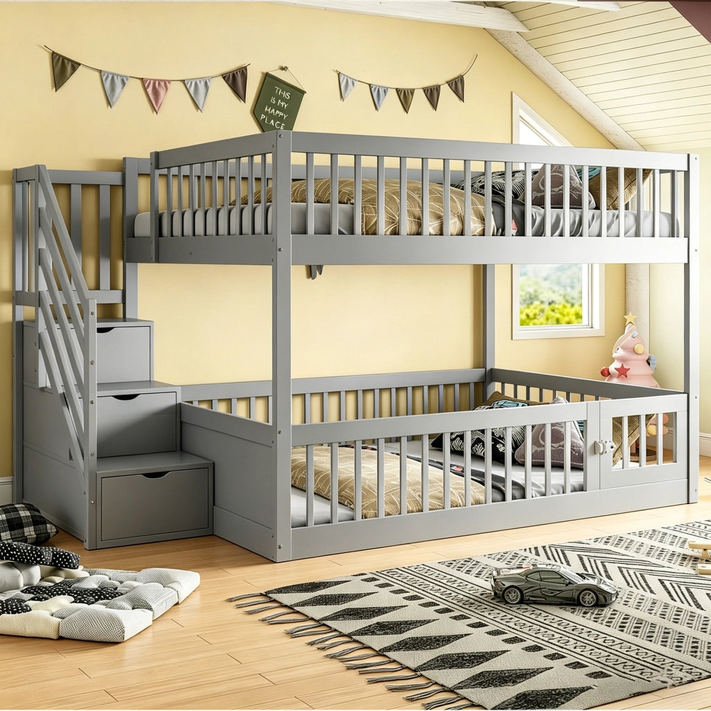 Letto a castello 140 × 200 cm con scala con cassetti e sportello inferiore, senza materasso, in legno massiccio, grigio