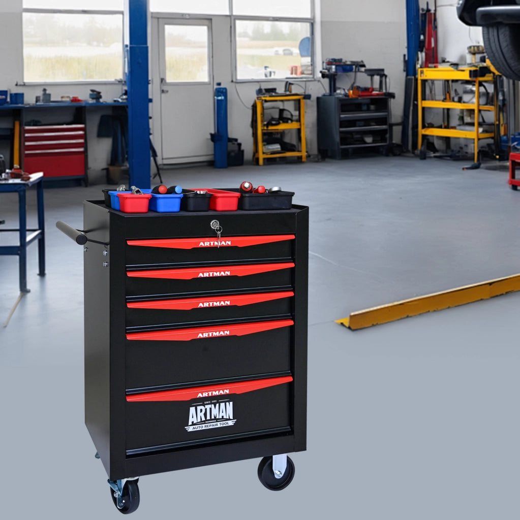 Carrello portattrezzi in acciaio con 5 cassetti e ruote bloccabili, 60x33x77,5 cm, nero e rosso