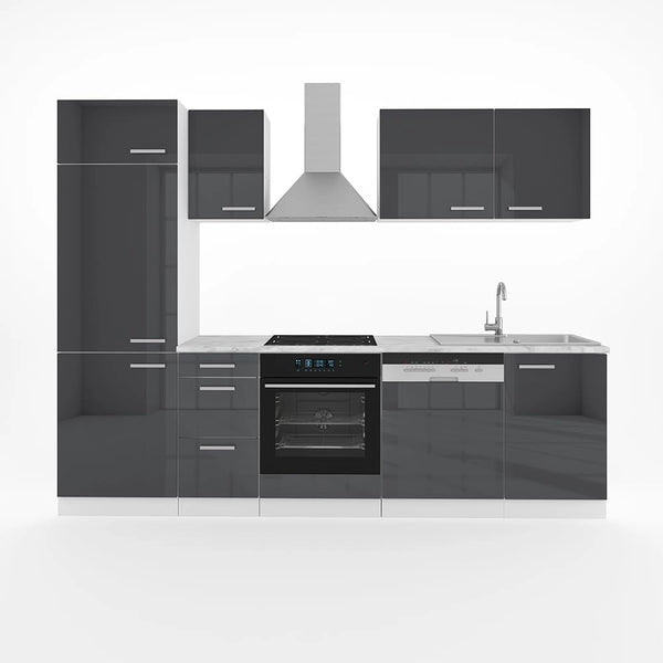 Cucina componibile Optima, Antracite lucido/bianco, 270 cm senza piano di lavoro, adatto per disposizione e ampliamento personalizzati