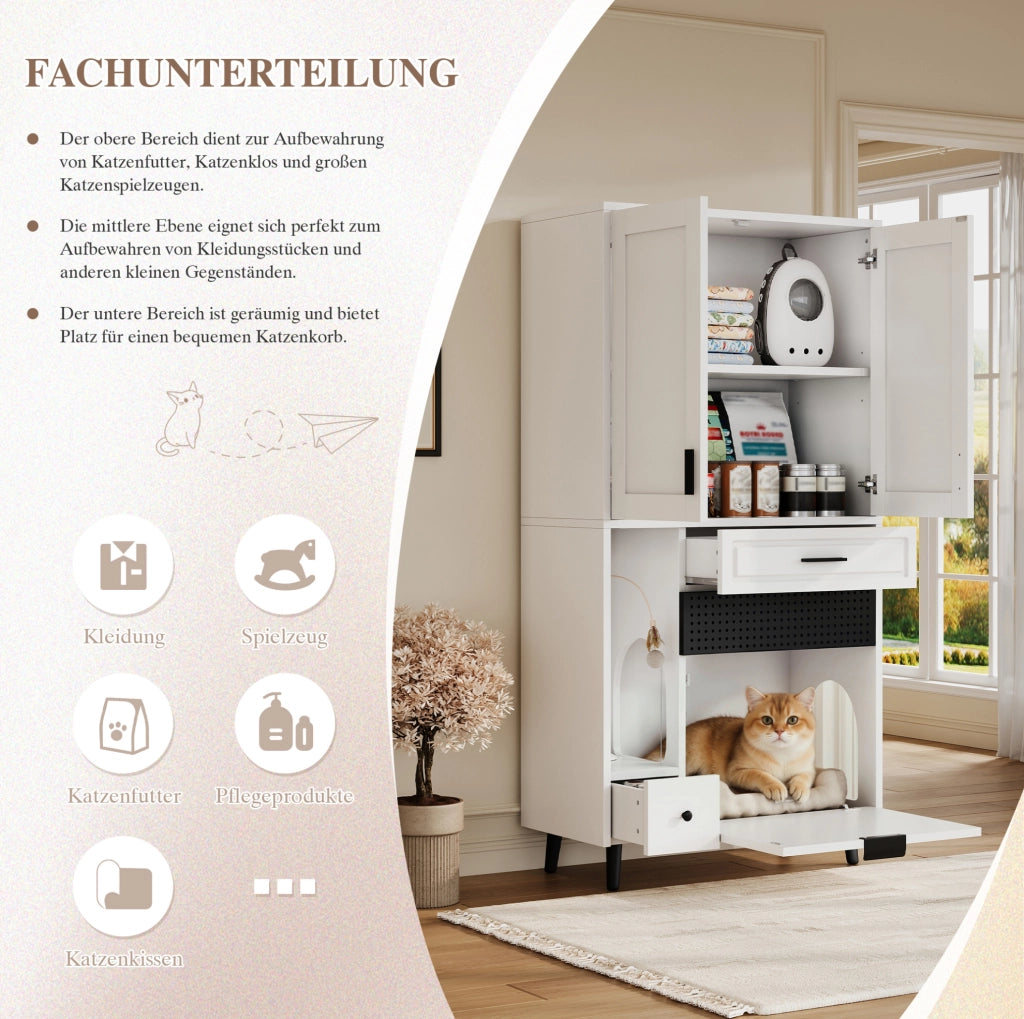 Mobile contenitore bianco per gatti con area cuccia