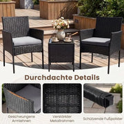 Set di mobili per giardino 3 pezzi, 2 sedie e tavolo da giardino in rattan, grigio