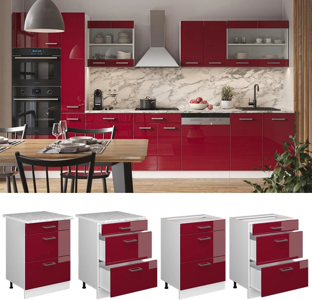 Mobiletto base per cucina R-Line, Rosso lucido, 60 cm con cassetti, senza piano di lavoro, per la libera combinazione all'interno di sistemi cucina modulari