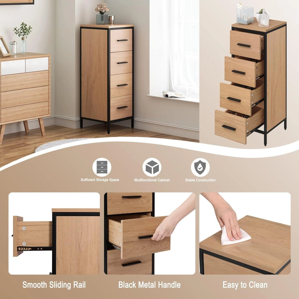 Cassettiera da Bagno con 4 Cassetti, Mobiletto Salvaspazio in Legno e Metallo, Armadietto da Terra Multiuso, Marrone e Nero, 30x30x82 cm
