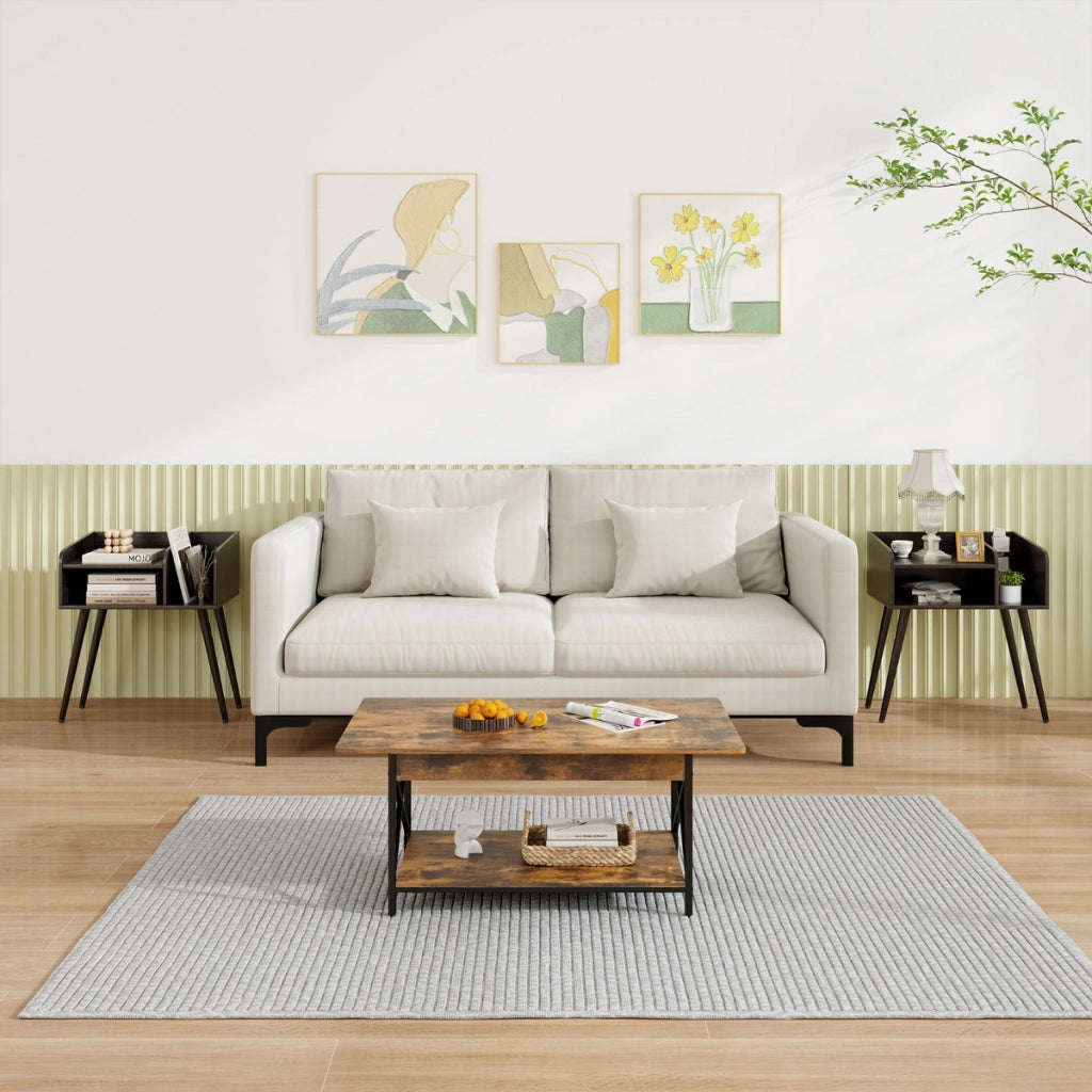 Set di 2 Comodini in stile moderno semplice ma pratico, Tavolini a 2 piani con mensole aperte Nero
