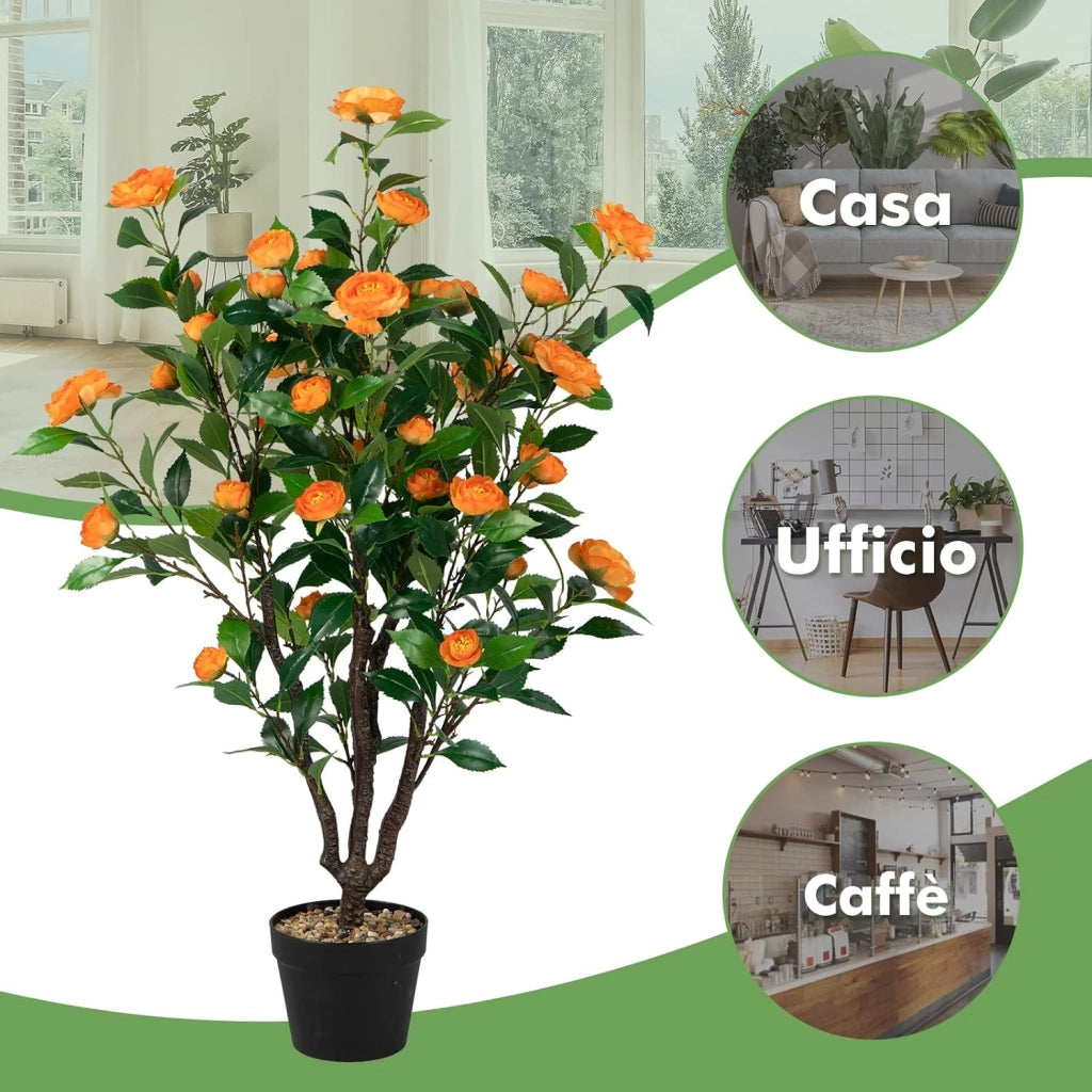 Pianta Finta da Interno da 102 cm, Albero di Camelia Artificiale con 37 Fiori Gialli, Vaso e Ciottoli di Pioggia, Pianta Finta per Soggiorno, Ufficio e Negozio