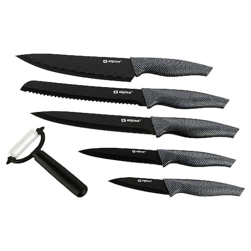 Kit Cucina 6pz Coltelli e Pelapatate Acciaio Inossidabile Antiaderente Alpina