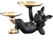 Figurina di cera con 2 piatti di servizio e occhiali carini, statuetta di bulldog francese nero come decorazione, scultura animale, decorazione per la casa.