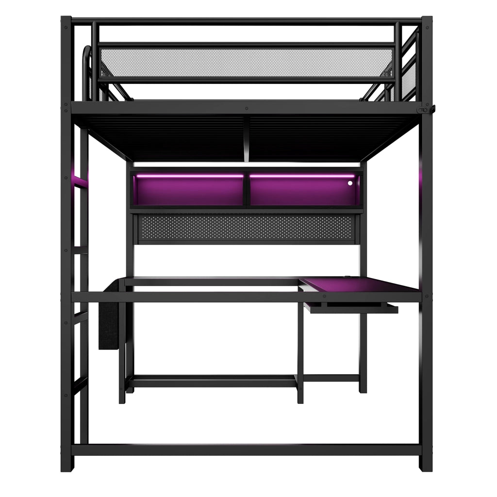 Letto a Soppalco 140x200 cm con Scrivania; Mensole; LED; USB e Prese - Nero