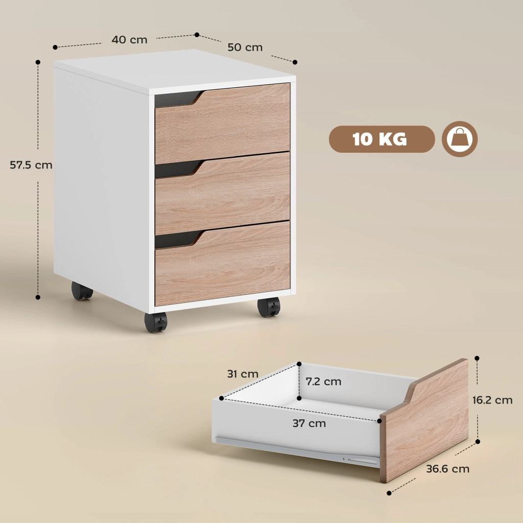 Cassettiera in MDF con 3 Cassetti e Ruote per Ufficio o Studio Bianca e Legno, 40x50x57.5cm