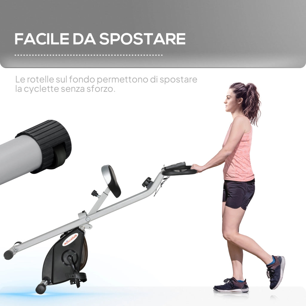 Cyclette Pieghevole Magnetica a 8 Livelli con Display LCD, Rotelle e Sellino Regolabile, Grigio e Nero