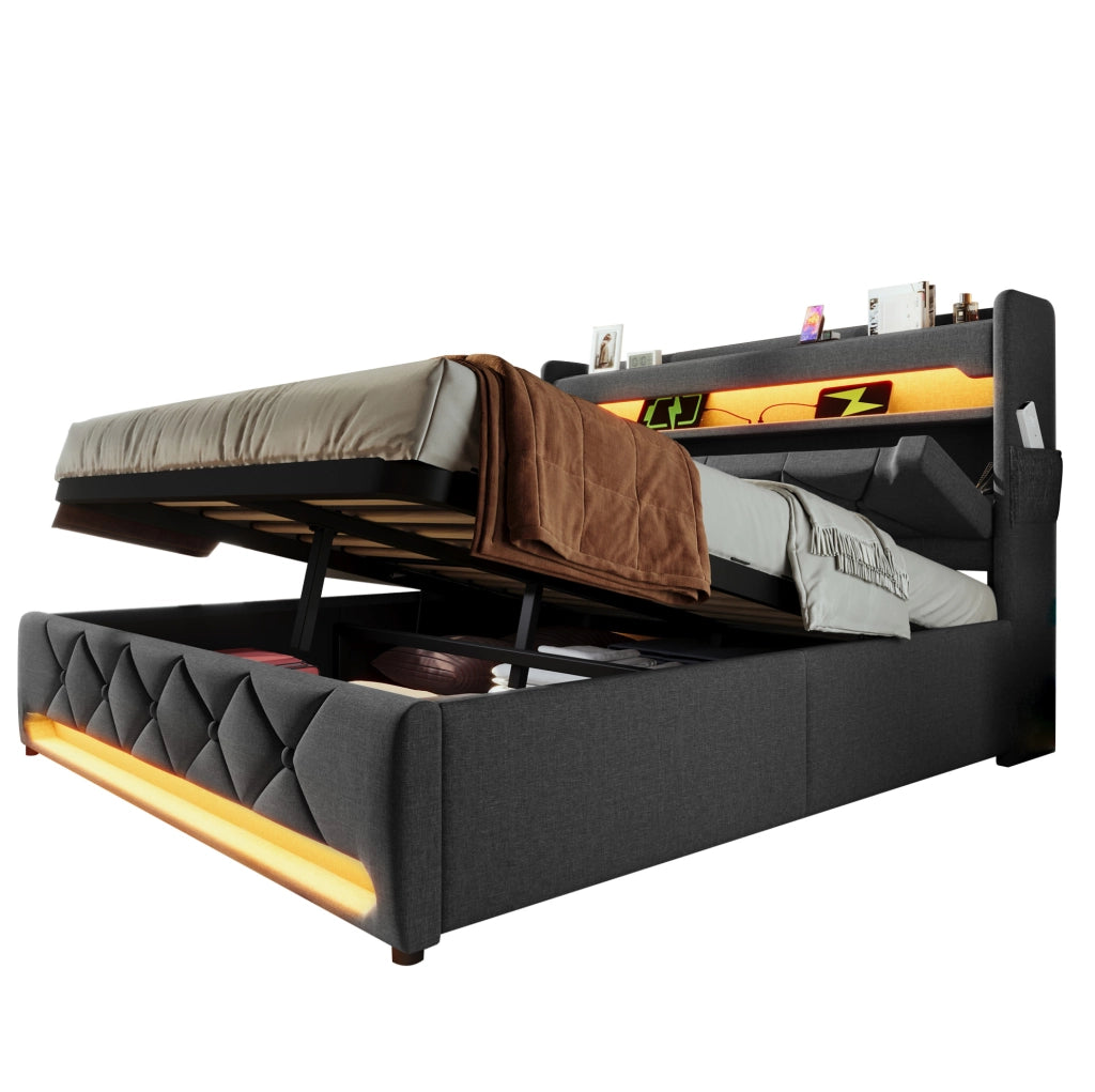 Letto matrimoniale 140x190 cm con contenitore; testiera con USB e Type-C; LED; grigio in lino